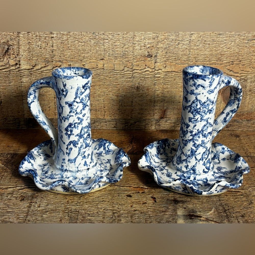 Pair Of Blue White Sponge Ware Candlestick Holders Studio Strawtown Pottery